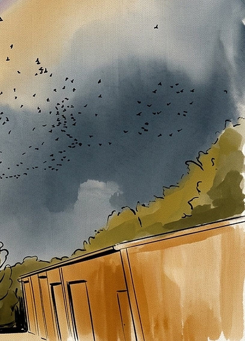 Detail of the watercolour: a flock of birds wheeling over a timber barn and trees